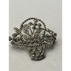 Vintage Sterling Marcasite Flower Basket Brooch, 925, 9.1 grams